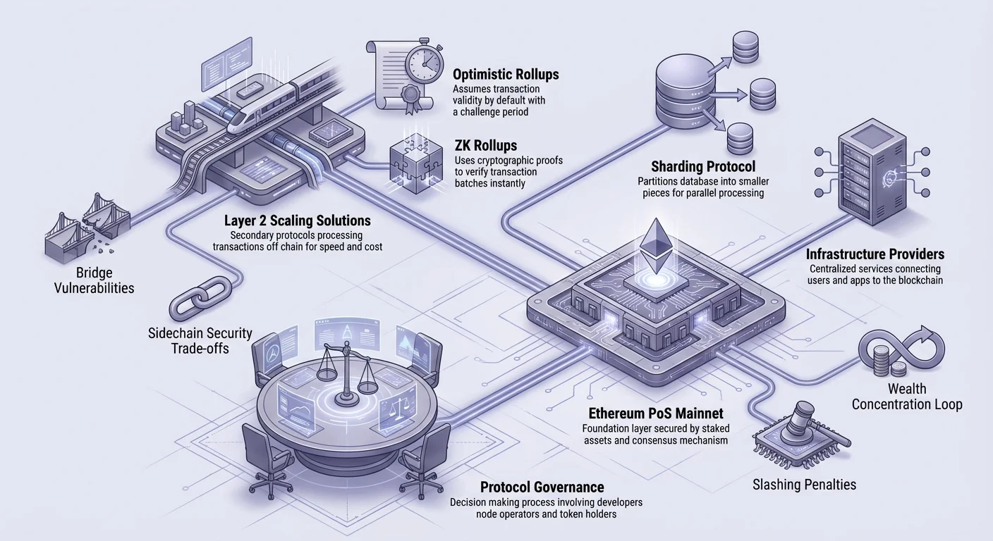 Hub-and-spoke infographic centered on Ethereum PoS Mainnet, branching to Layer 2 scaling like Optimistic and ZK Rollups, Sharding Protocol, Governance, and risks such as slashing penalties and wealth concentration.