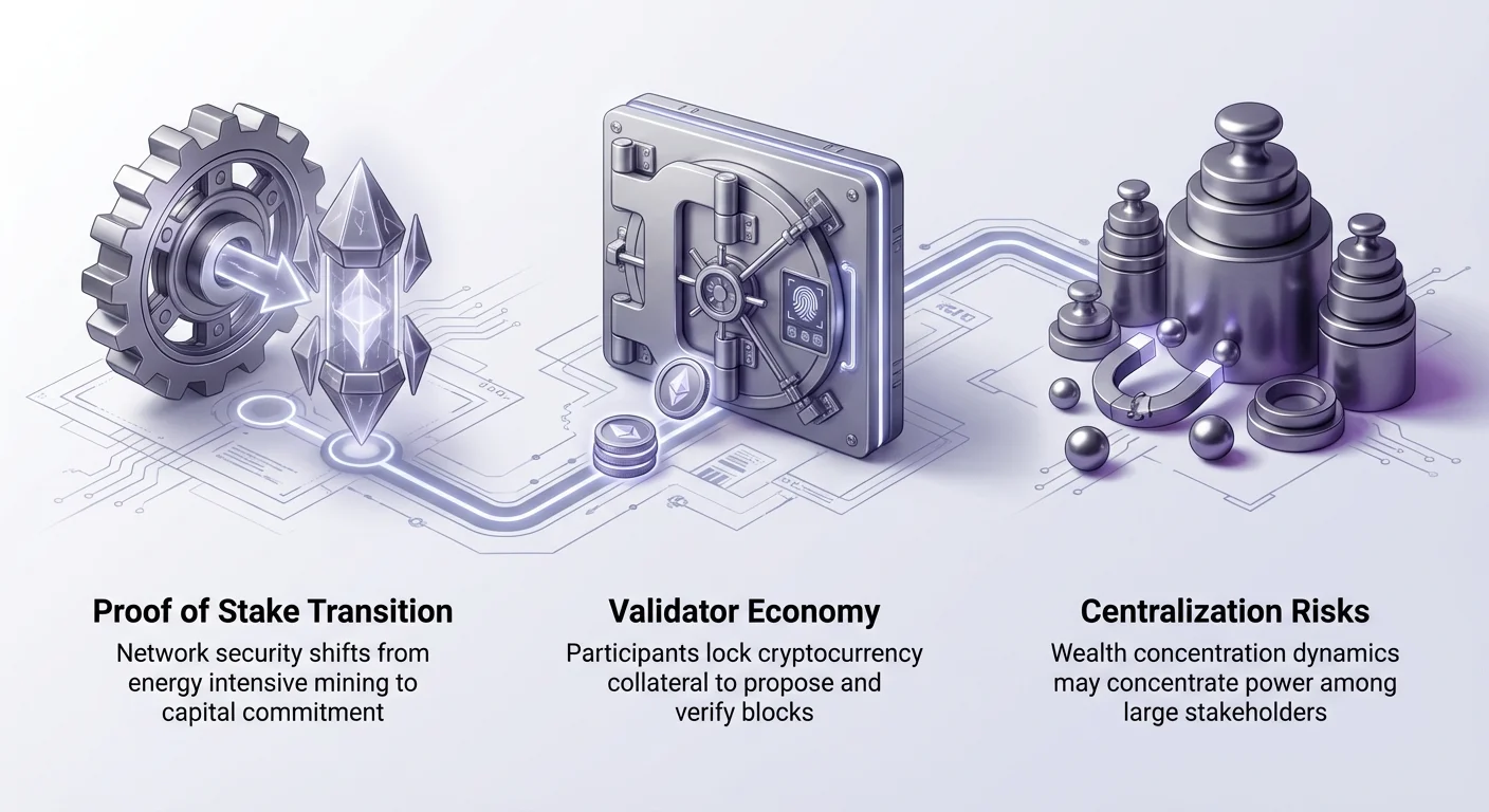 Infographic depicting Ethereum's Proof of Stake shift from mining gear to staking vault, ending in magnet-pulled weights for centralization risk, with labels on transition, validator economy, and risks.