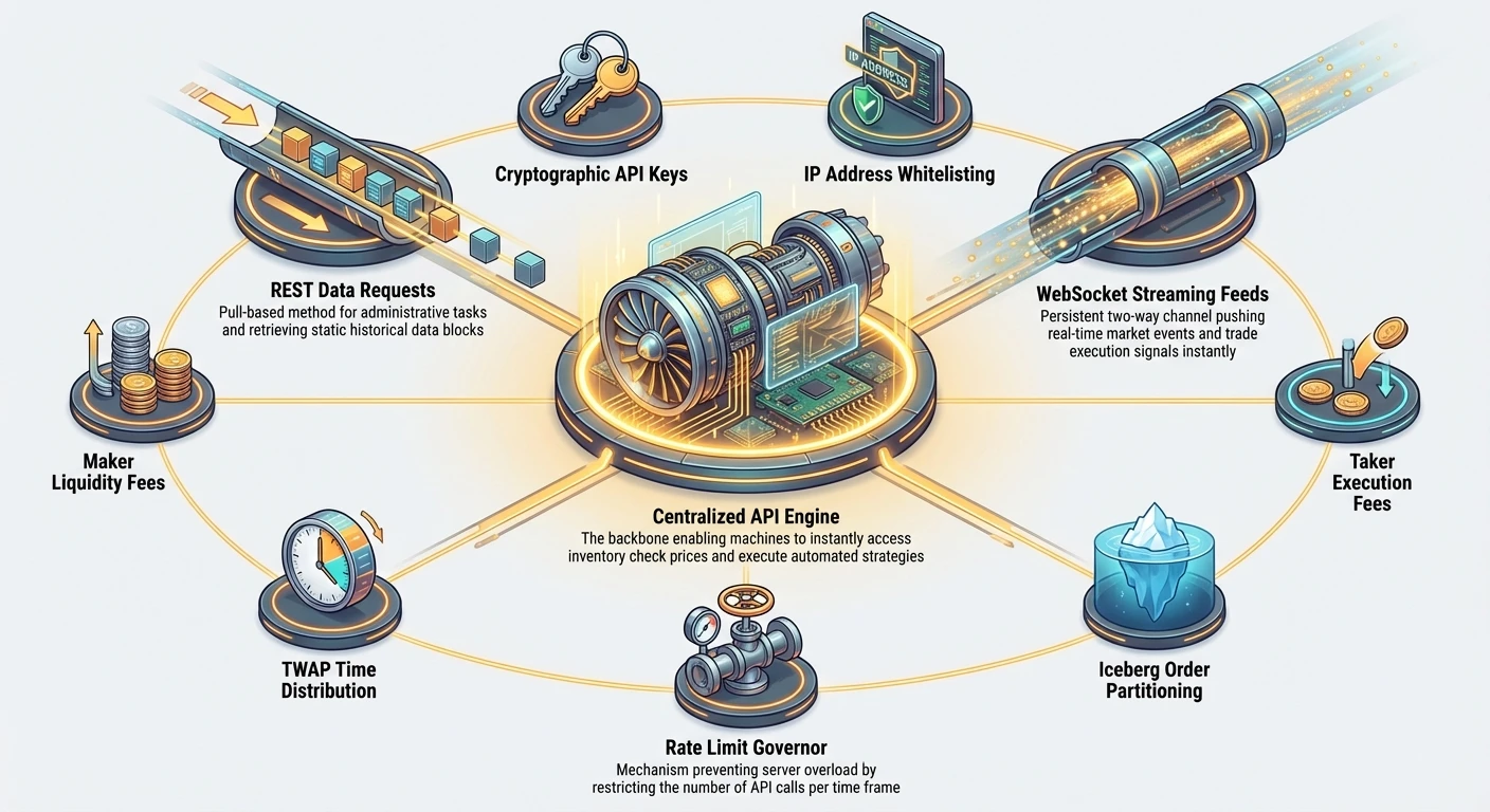 Hub-and-spoke infographic of Centralized API Engine with spokes for REST requests, WebSocket feeds, rate limiting, and outer details on keys, whitelisting, fees, Iceberg, and TWAP orders.