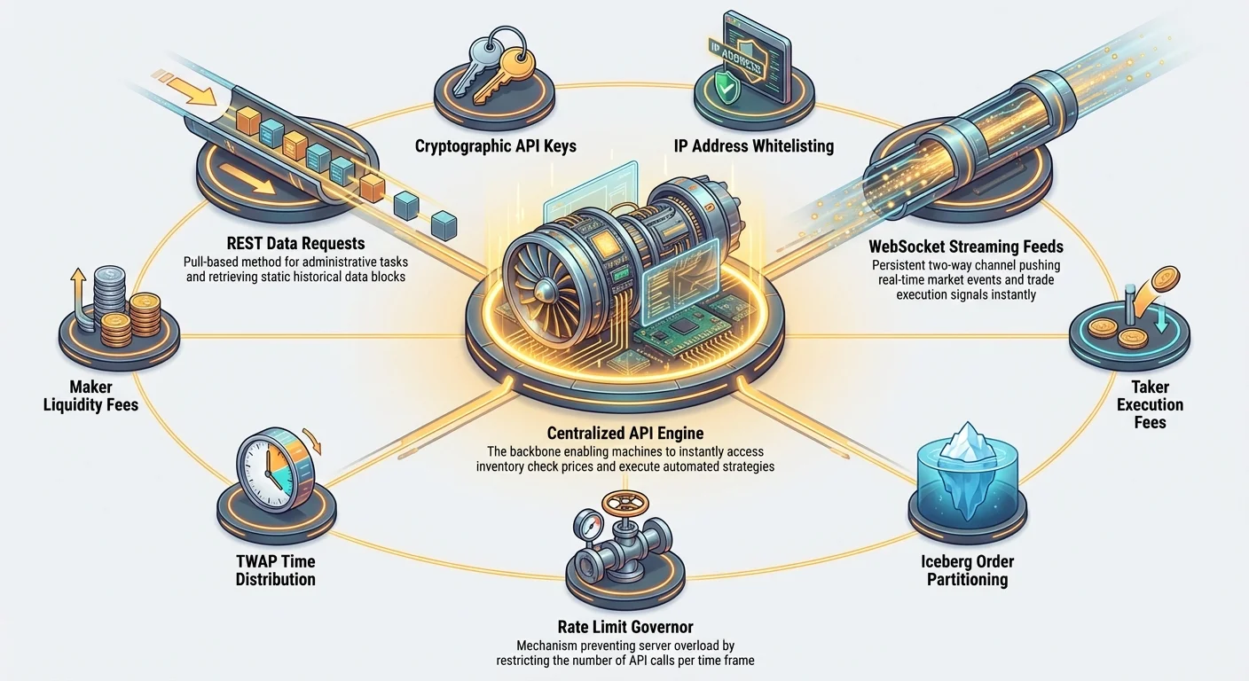 Hub-and-spoke infographic of Centralized API Engine with spokes for REST requests, WebSocket feeds, rate limiting, and outer details on keys, whitelisting, fees, Iceberg, and TWAP orders.