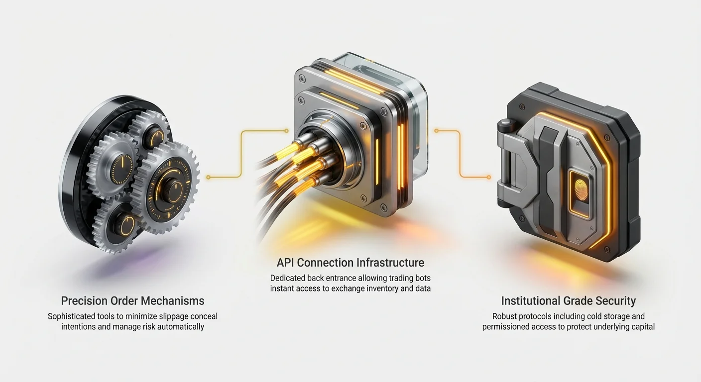 Infographic overview of three core pillars for advanced centralized exchange trading: API connection infrastructure, precision order mechanisms, and institutional-grade security.