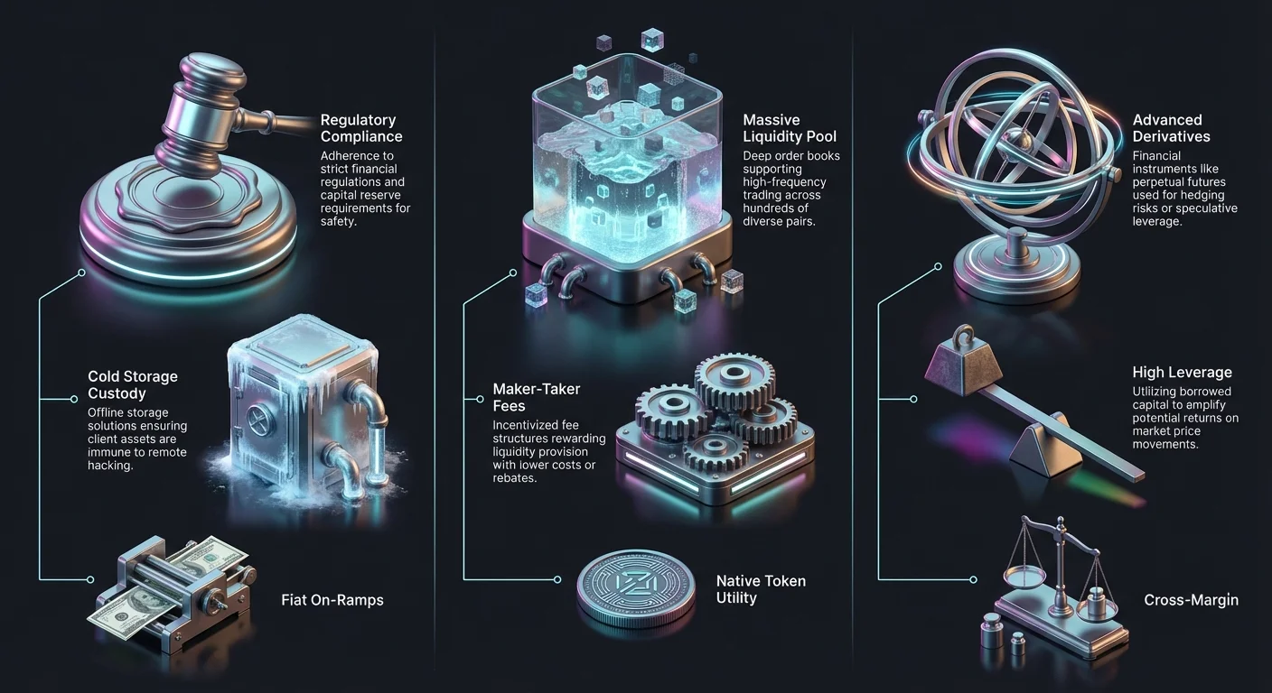 Infographic comparing three crypto exchange tiers: Institutional with regulatory compliance and cold storage; Volume Leaders with massive liquidity and maker-taker fees; Derivatives with advanced instruments and high leverage.