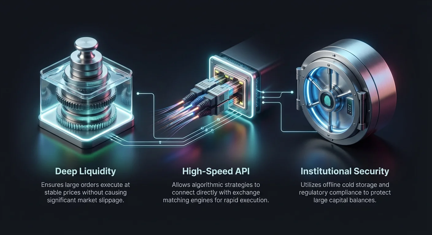 Infographic showing three pillars for high-volume traders: deep liquidity for stable order execution, high-speed API connectivity for algorithmic strategies, and institutional security for asset protection.