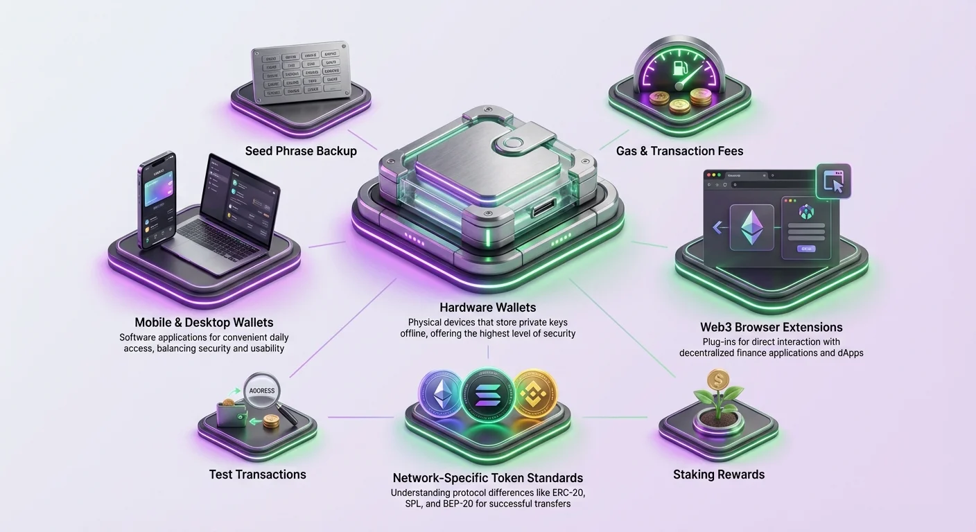 Detailed infographic comparing hardware wallets, mobile and desktop apps, browser extensions, network token standards, and security practices like seed backups and test transactions for CEX to self-custody migration.