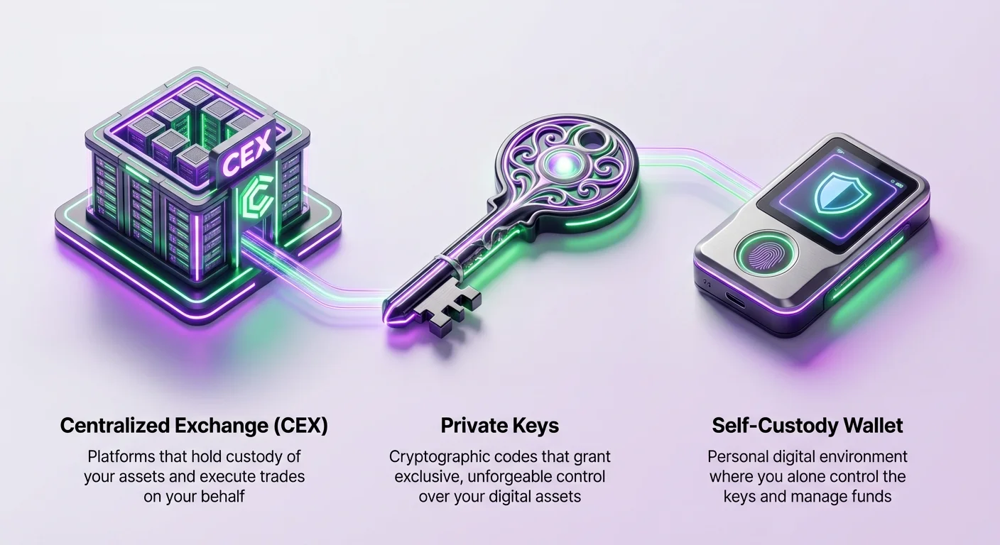 Simple infographic showing linear flow from centralized exchange holding assets, to private keys for control, to self-custody wallet for personal management.