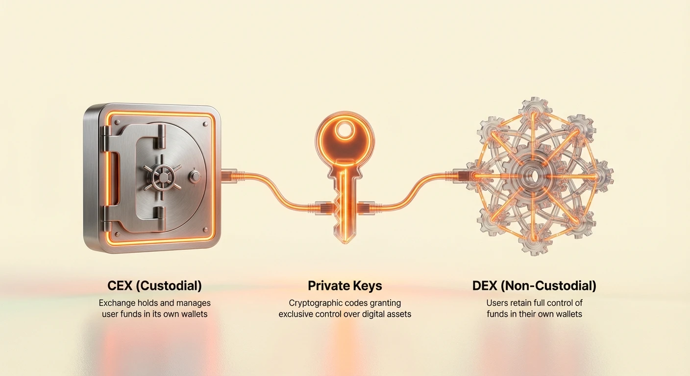 Simple infographic overview comparing centralized exchanges (CEXs) and decentralized exchanges (DEXs) on private key control using large connected icons.