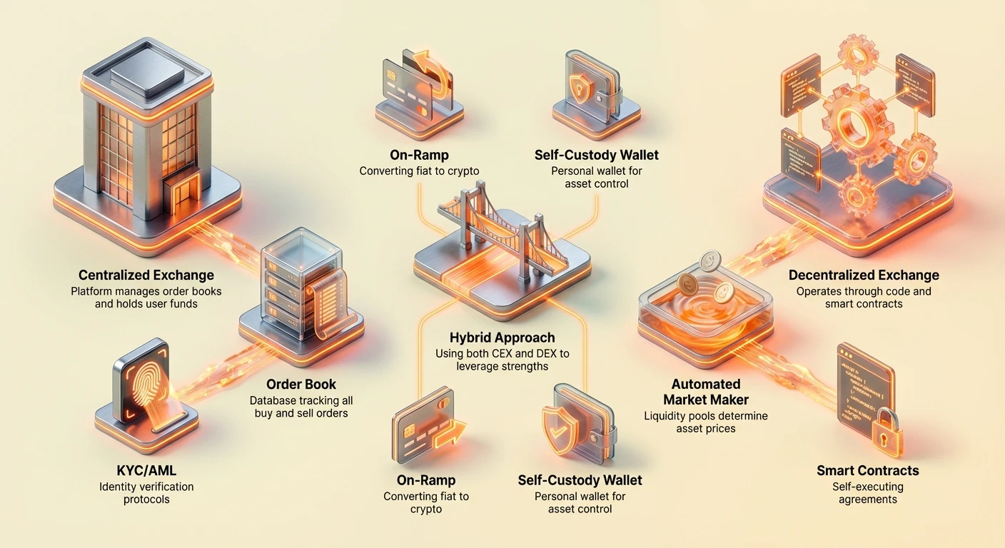 Detailed infographic comparing CEX and DEX architecture, user experience, and security features in a split layout with central hybrid approach, showing order books, AMMs, and smart contracts.
