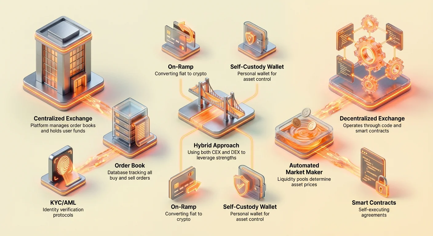 Detailed infographic comparing CEX and DEX architecture, user experience, and security features in a split layout with central hybrid approach, showing order books, AMMs, and smart contracts.
