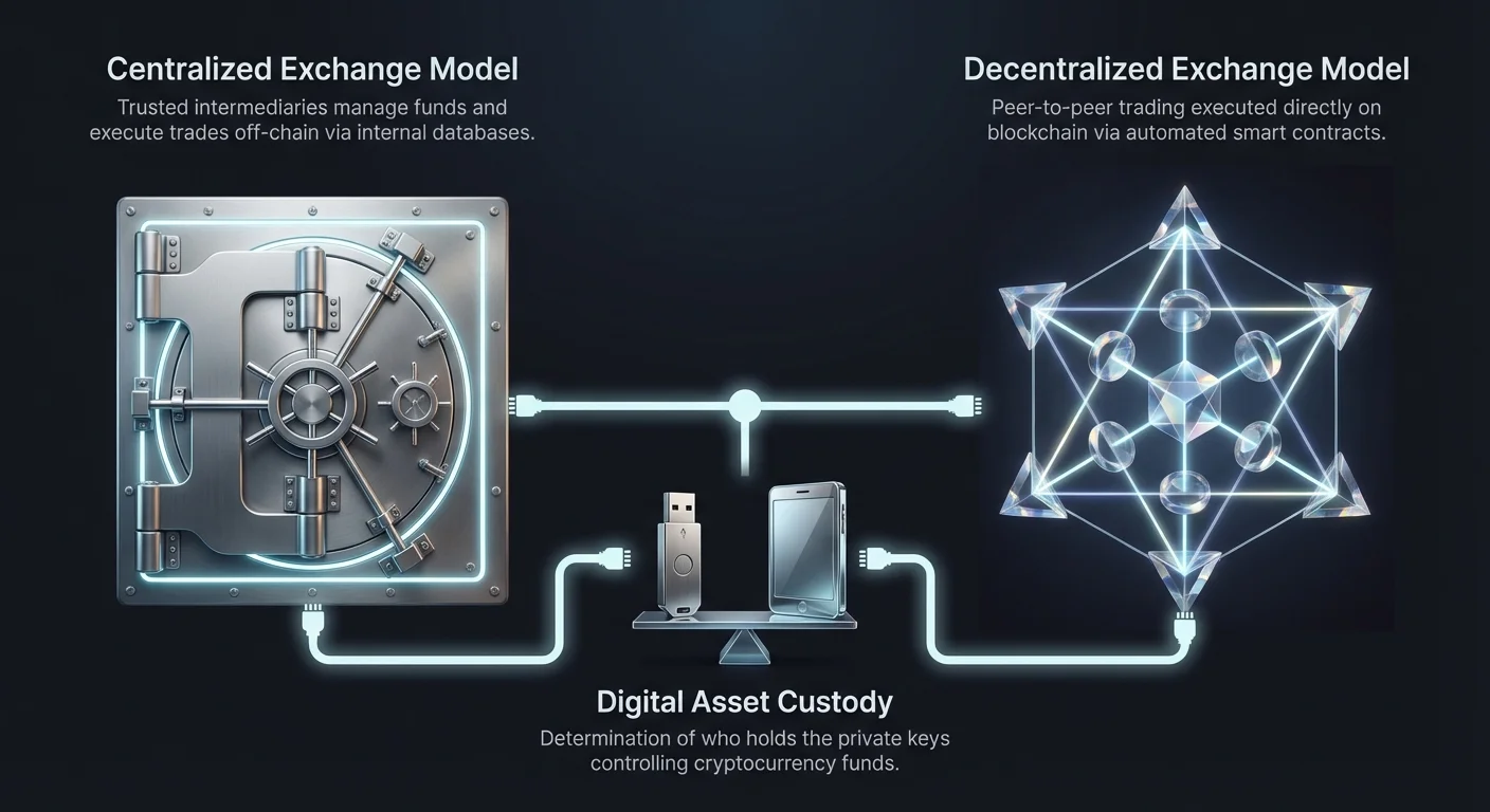 Infographic contrasting centralized exchanges with vaults and intermediaries managing funds against decentralized peer-to-peer blockchain trading, centered on digital asset custody.