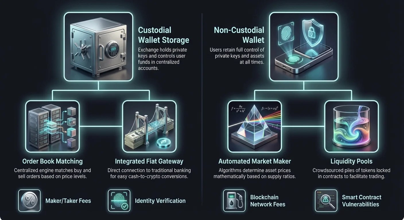 Split-screen infographic comparing CEX vs DEX: custodial vs non-custodial wallets, order books and fiat gateways vs AMMs and liquidity pools, plus maker-taker fees, ID verification, network fees, and smart contract risks.