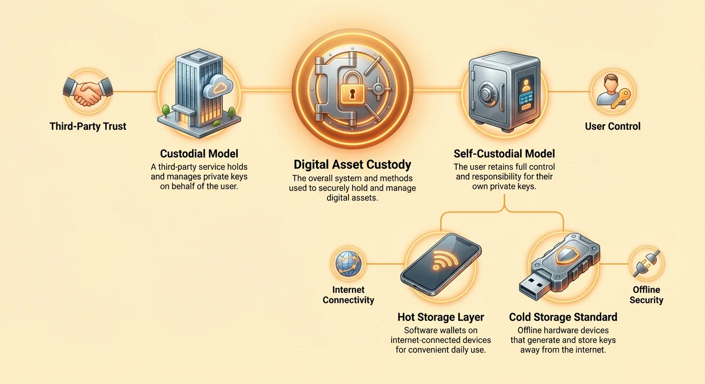 Detailed infographic comparing wallet models, storage methods, and trade-offs in digital asset custody landscape using a cluster layout.