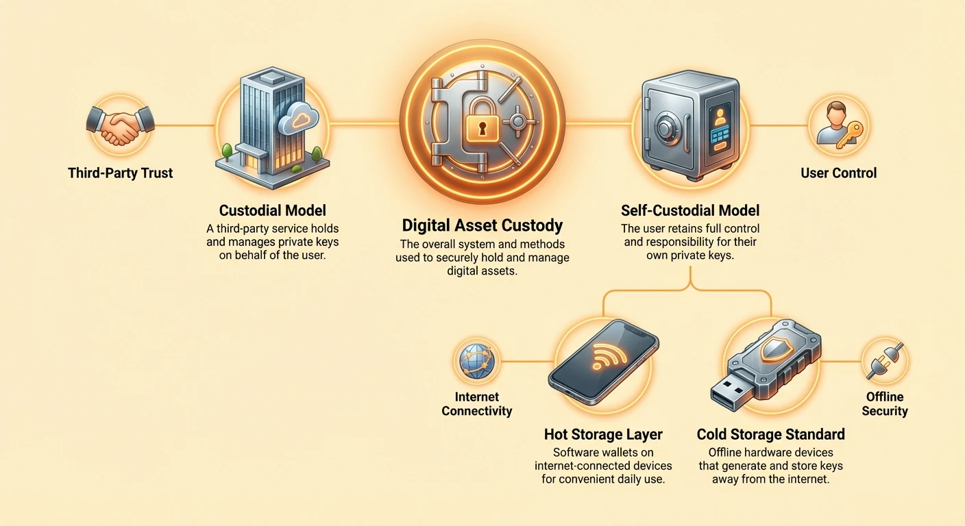 Detailed infographic comparing wallet models, storage methods, and trade-offs in digital asset custody landscape using a cluster layout.