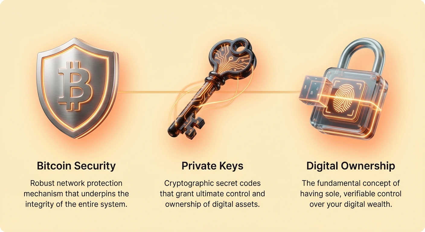 High-level infographic view of digital asset security core concepts in a clean layout with interconnected nodes.