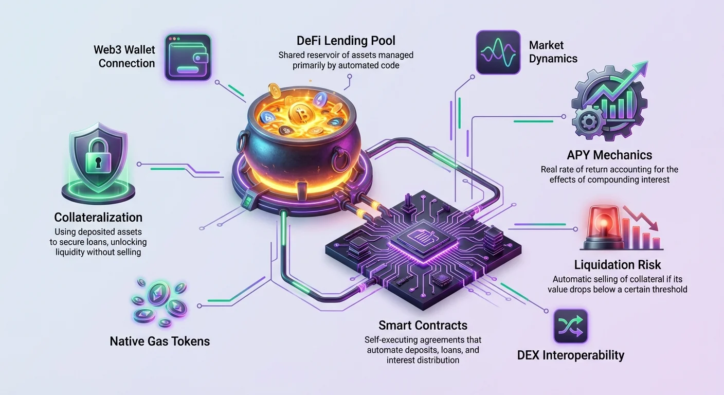 Hub-and-spoke infographic detailing DeFi lending ecosystem with central lending pool and smart contracts, plus APY mechanics, collateralization, liquidation risk, wallet connection, gas tokens, market dynamics, and DEX interoperability.