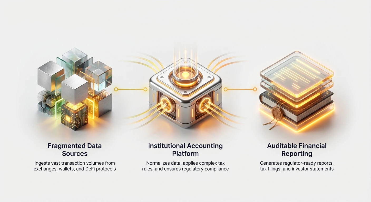 Infographic overview of enterprise crypto accounting: fragmented data from exchanges, wallets, and DeFi ingested into an institutional platform for normalization, compliance, and auditable reports.