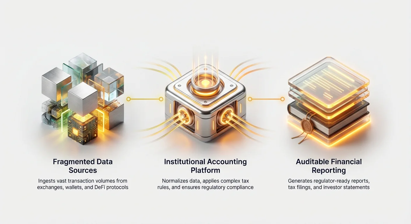 Infographic overview of enterprise crypto accounting: fragmented data from exchanges, wallets, and DeFi ingested into an institutional platform for normalization, compliance, and auditable reports.