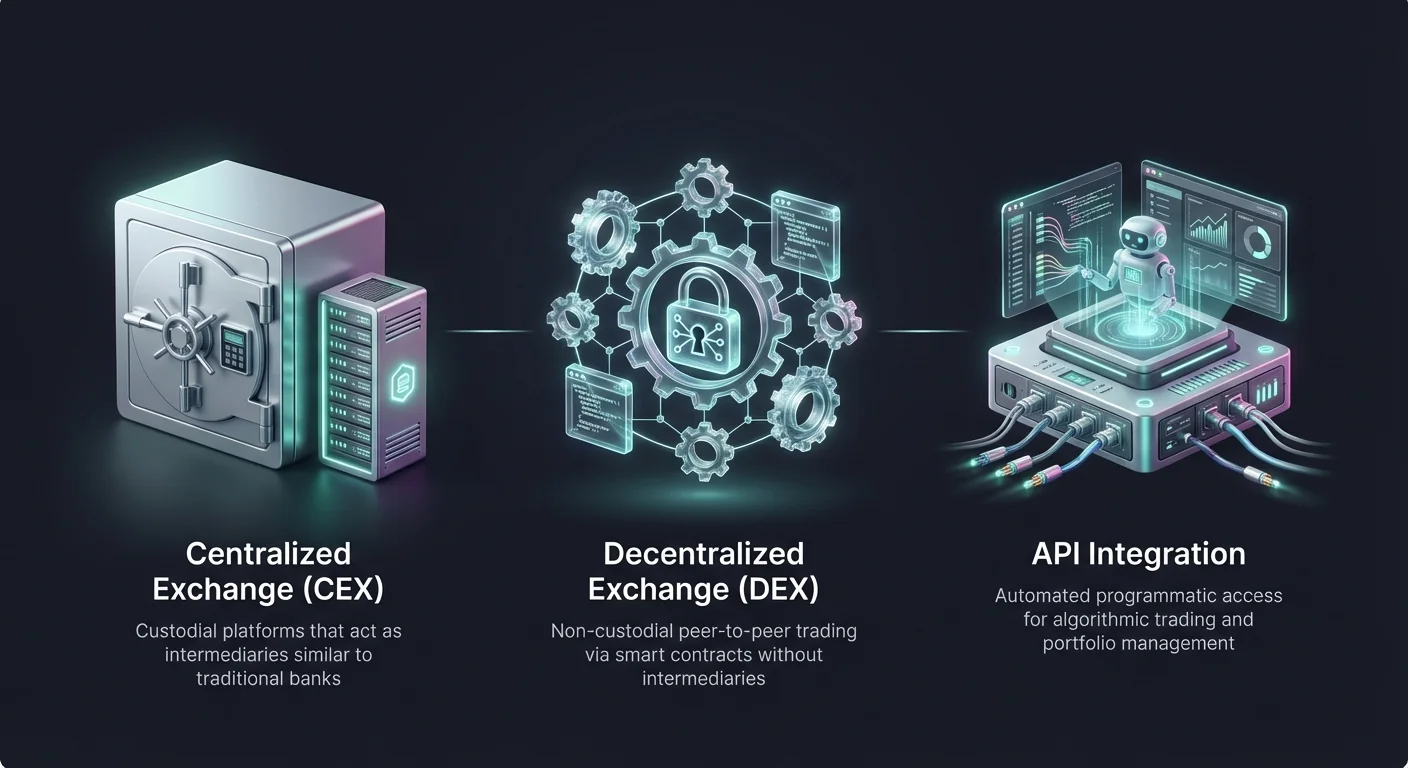 Clean high-level infographic summarizing three main ways users interact with trading platforms using large clear icons.