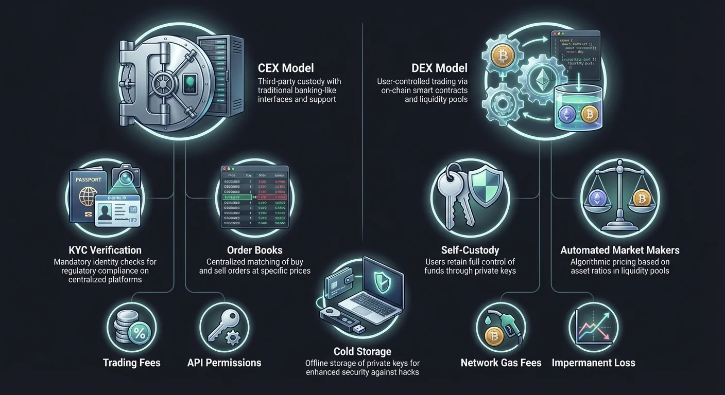 Infographic comparing centralized (CEX) and decentralized (DEX) trading models, showing differences in custody, verification, trading mechanisms, and shared cold storage practices.