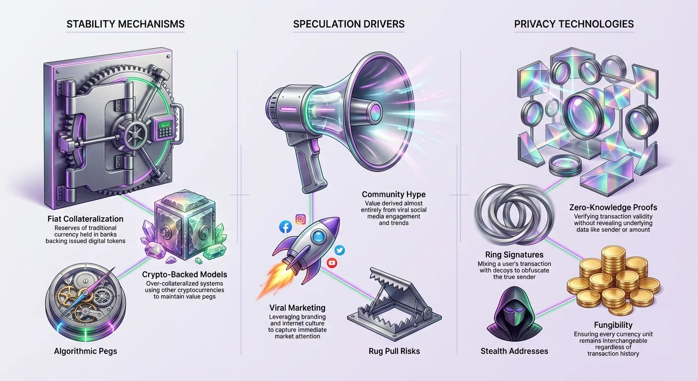 Detailed infographic comparing stablecoin mechanisms (fiat collateralization, crypto-backed models, algorithmic pegs), memecoin drivers (community hype, viral marketing, rug pull risks), and privacy technologies (zero-knowledge proofs, ring signatures, fungibility, stealth addresses).