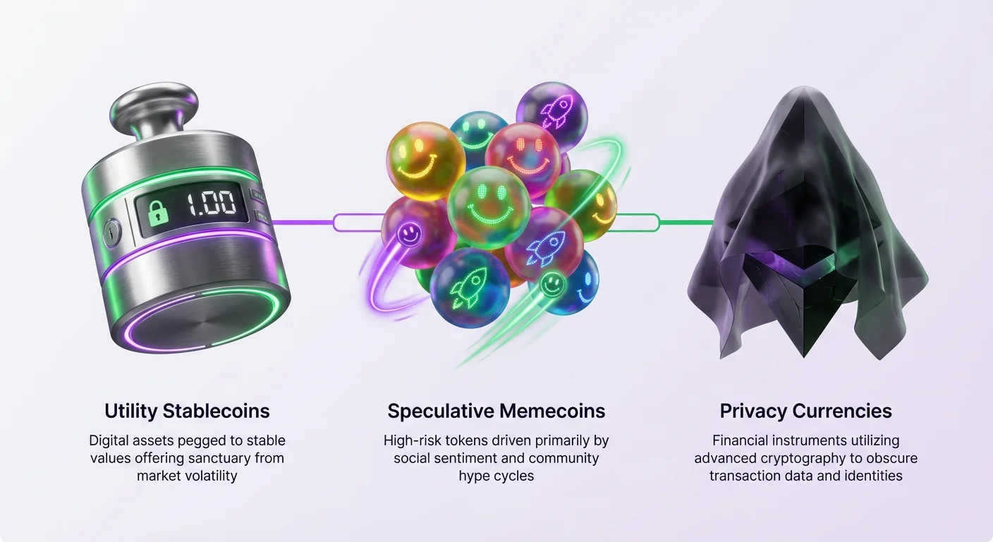 Infographic overview of crypto ecosystem's three pillars: Utility Stablecoins for stability against volatility, Speculative Memecoins driven by community hype, and Privacy Currencies for transaction anonymity.