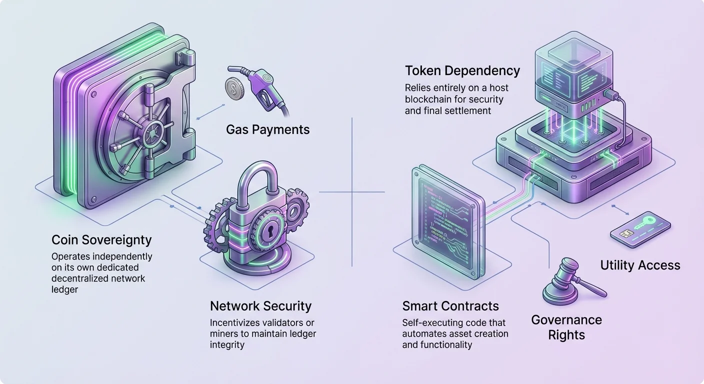 Detailed infographic contrasting coin sovereignty and network security with token dependency and smart contracts, including gas payments, governance rights, and utility access.