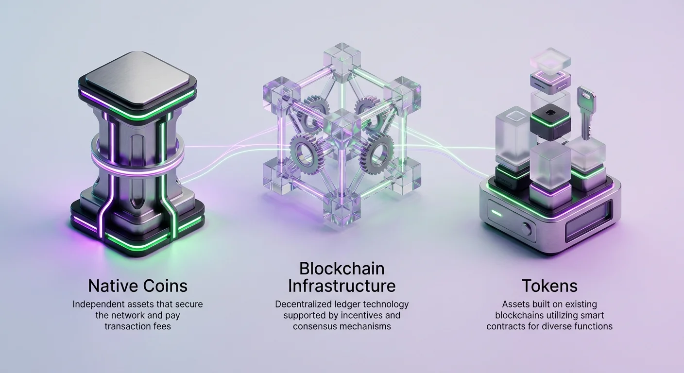 Simple infographic overview showing native coins as independent network security assets, tokens as smart contract-based applications, linked by blockchain infrastructure.