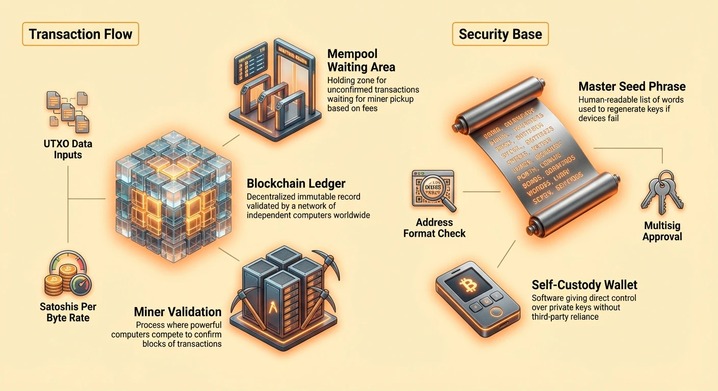 Detailed infographic with two clusters: left shows transaction flow including mempool waiting area, miner validation, blockchain ledger; right depicts security base with master seed phrase, self-custody wallet. Hierarchical nodes from large to small with descriptions.