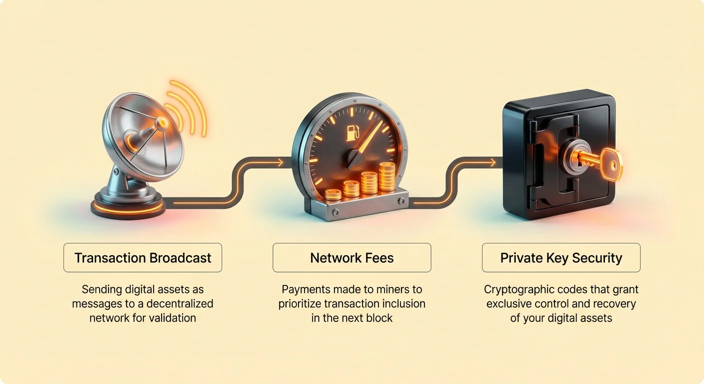 Simple infographic overview of cryptocurrency transaction process: broadcasting to network, paying fees to miners for priority, and securing assets with private keys.