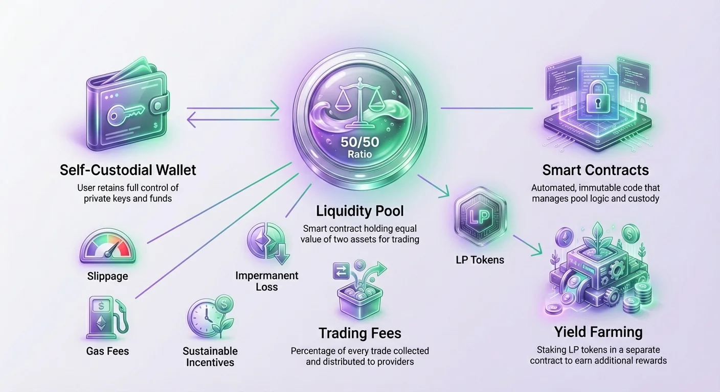 Detailed infographic with hub-and-spoke layout centering liquidity pool, connected to user wallet, smart contracts, trading fees, yield farming, plus slippage, gas fees, and impermanent loss.
