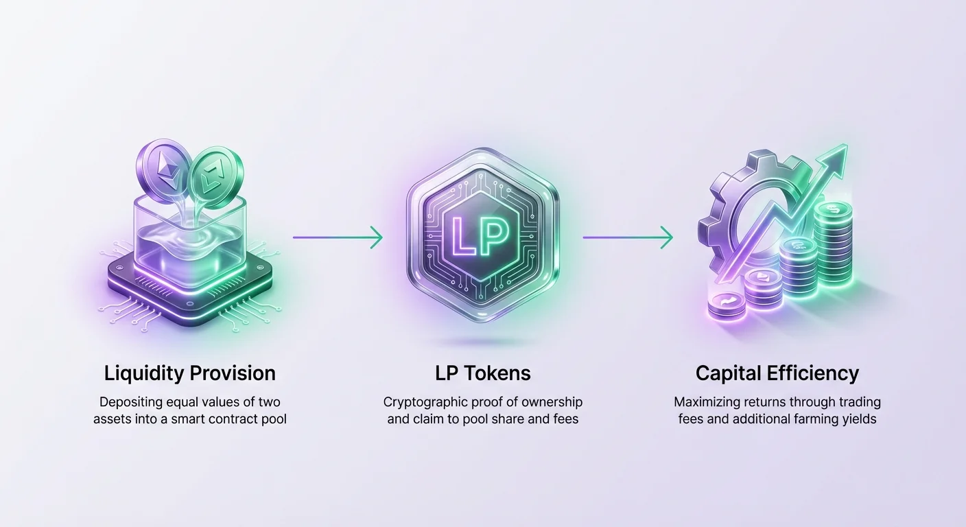 High-level infographic showing user depositing assets for liquidity provision, receiving LP tokens, and gaining capital efficiency through trading fees and farming rewards.