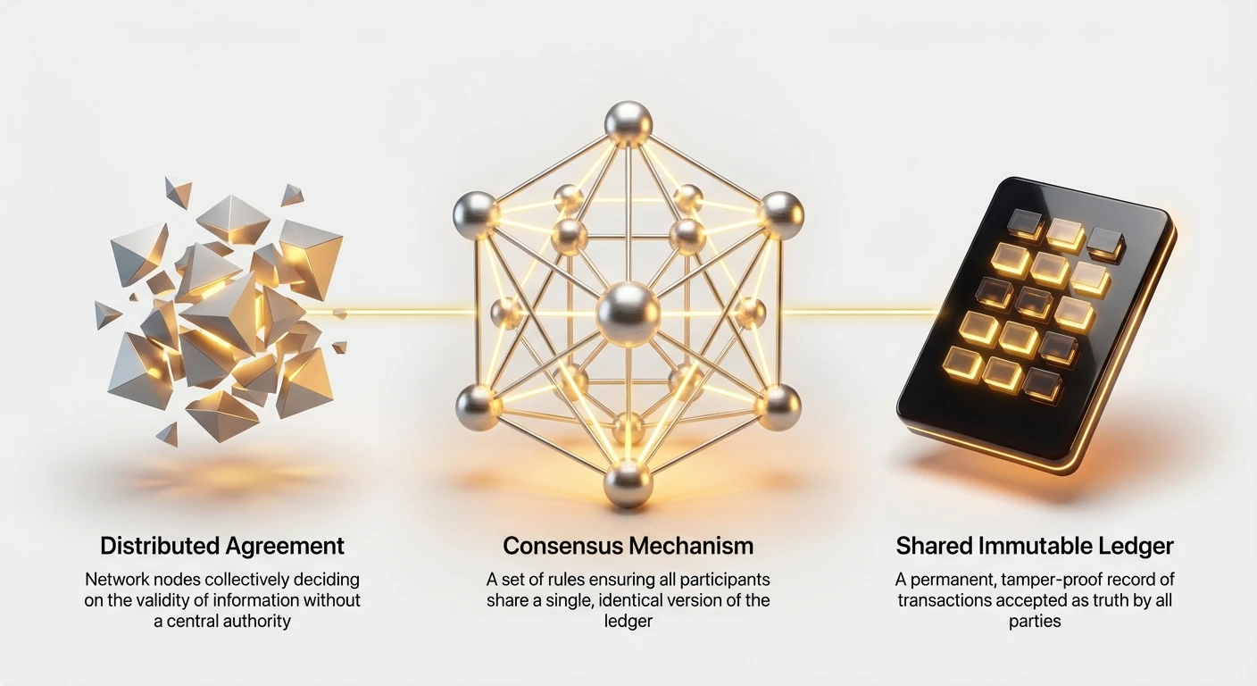 Infographic overview of blockchain consensus: distributed agreement by network nodes, rules for a single ledger, and permanent shared immutable transaction record.