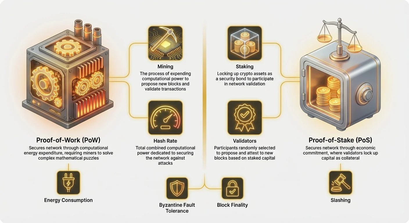 Detailed infographic comparing Proof-of-Work (PoW) and Proof-of-Stake (PoS) blockchain consensus mechanisms, featuring miners, validators, hash rate, staking, and energy consumption in a split-panel layout.