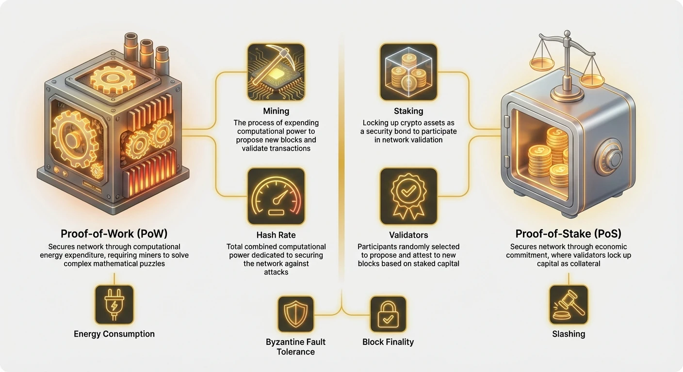 Detailed infographic comparing Proof-of-Work (PoW) and Proof-of-Stake (PoS) blockchain consensus mechanisms, featuring miners, validators, hash rate, staking, and energy consumption in a split-panel layout.