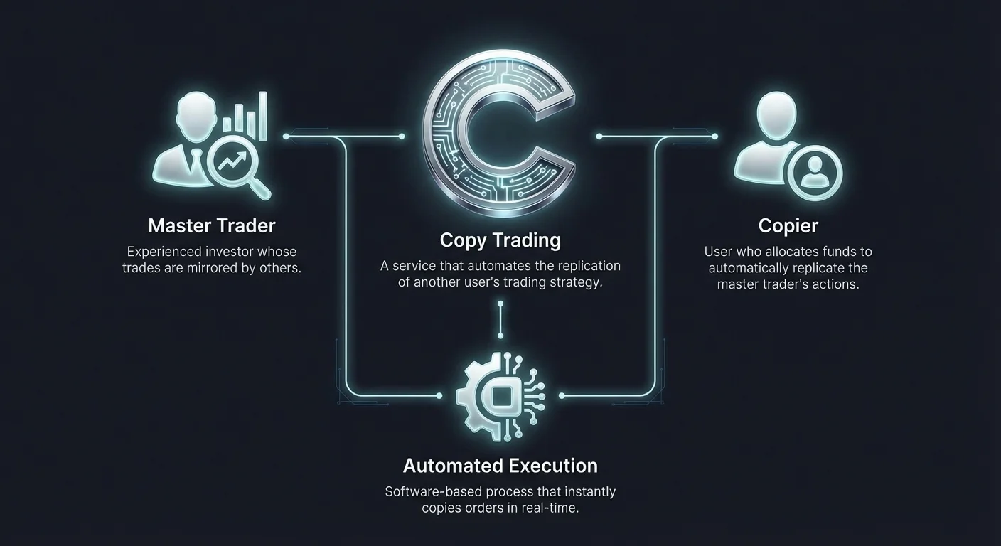 Clean infographic overview of copy trading featuring photorealistic icons for central Copy Trading, Master Trader, Copier, and Automated Execution with neon accents and descriptions.