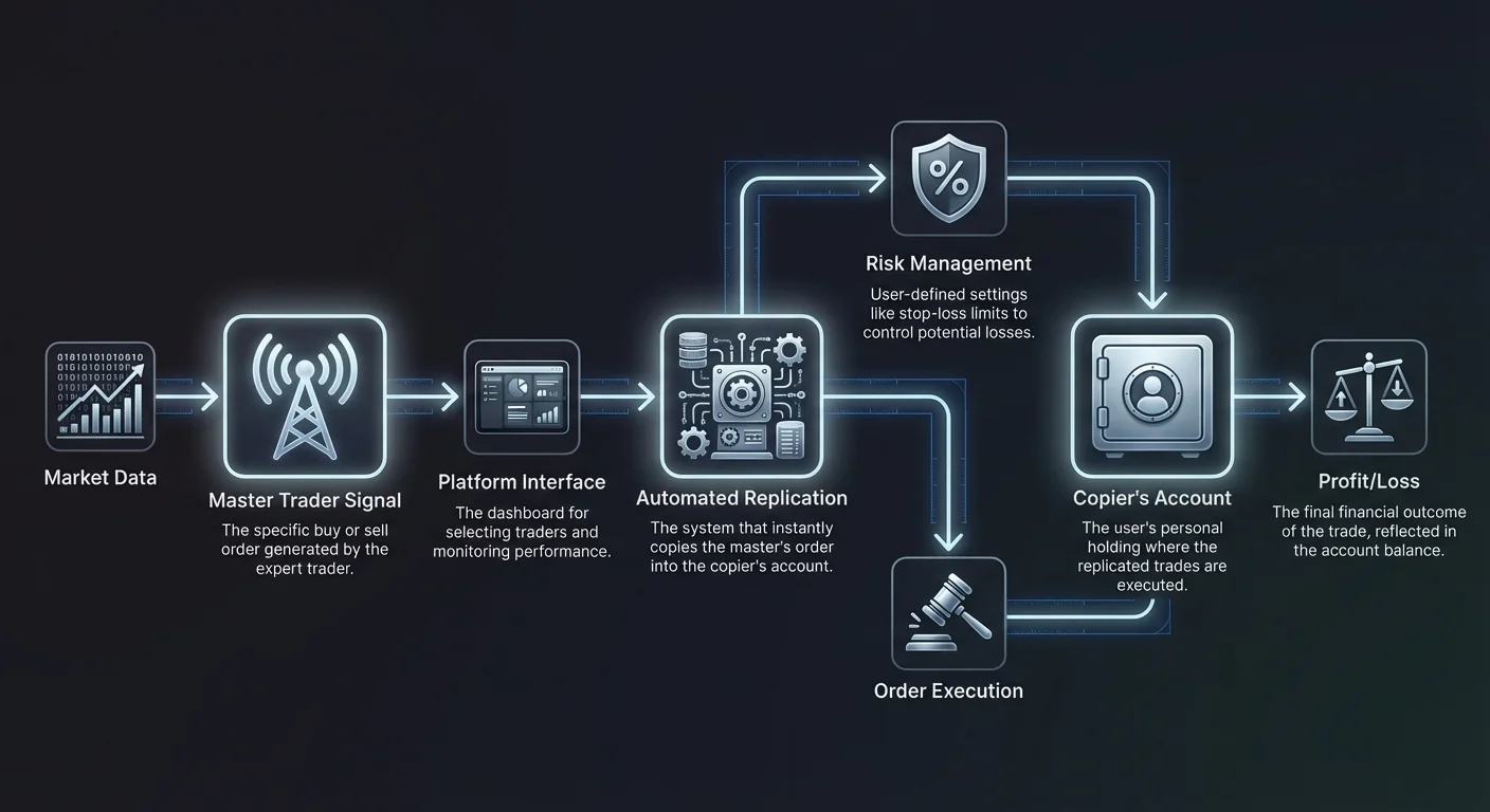 Flow diagram infographic of copy trading process, from master trader signals and automated replication through risk management and order execution to copier's profit or loss.