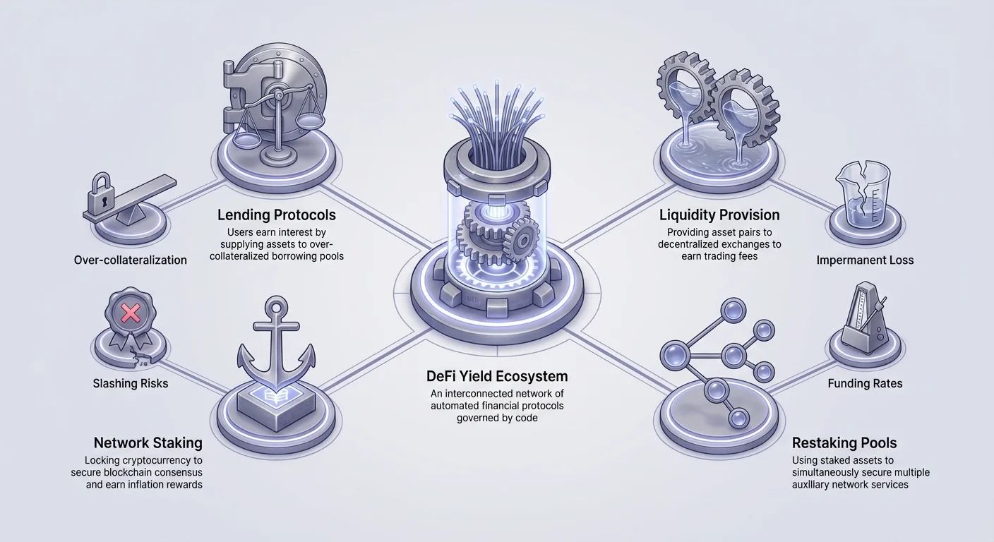 Infographic of DeFi yield ecosystem hub connecting to lending protocols, liquidity provision, network staking, and restaking pools, with labels for over-collateralization, funding rates, impermanent loss, and slashing risks.