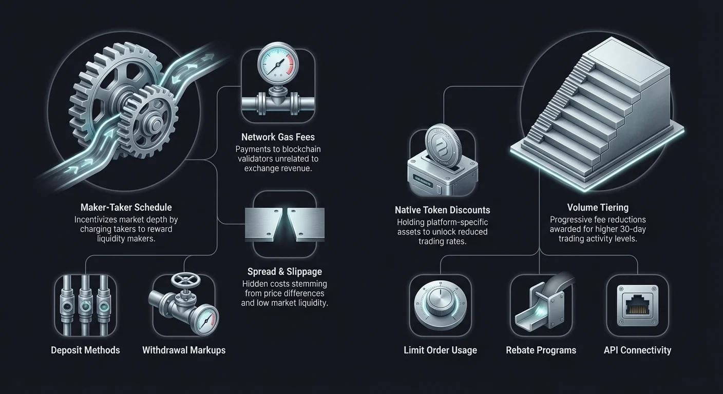Detailed infographic with cost generators like gas and spread fees on the left, and optimization strategies including volume tiering and native token discounts on the right.