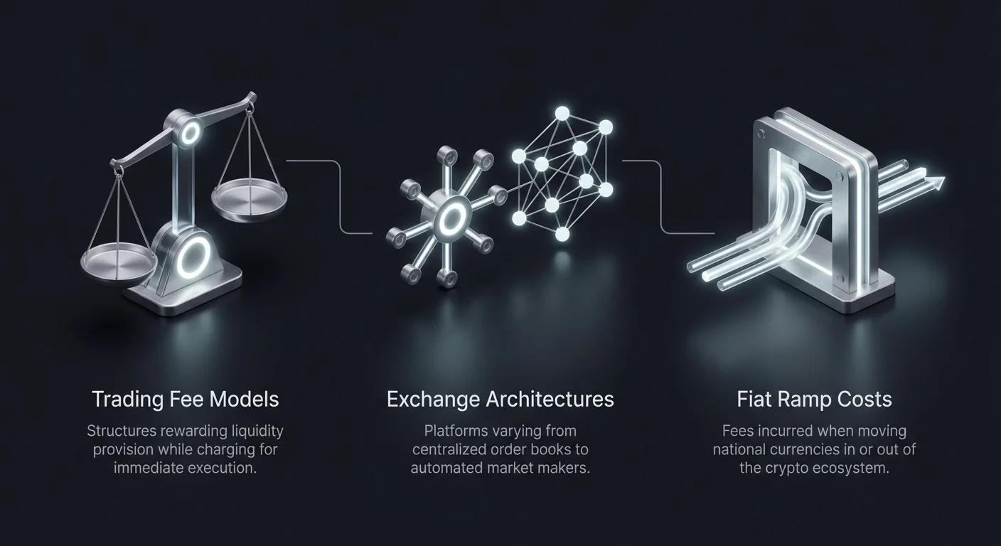 High-level infographic illustrating primary cryptocurrency trading cost factors: trading models, platform architecture, and fiat currency movement expenses.