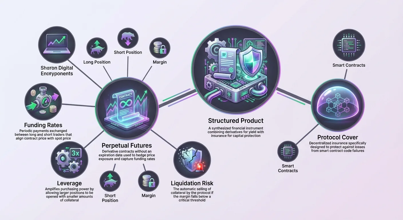 Hub-and-spoke infographic diagram centered on Structured Product, linking to Perpetual Futures, Funding Rates, Leverage, Liquidation Risk, Protocol Cover, and smaller nodes for positions, margin, and smart contracts in DeFi.