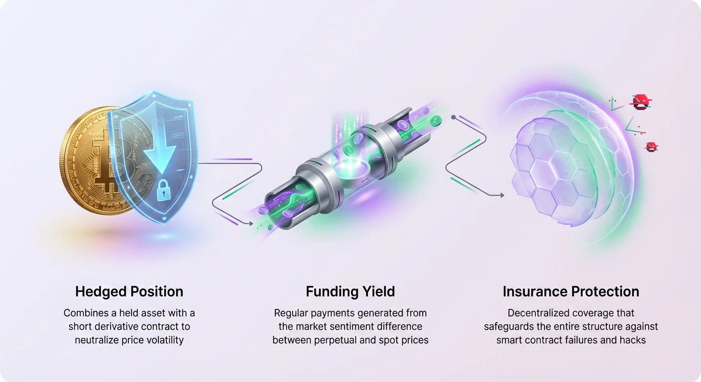 Infographic overview of DeFi structured yield: hedged position neutralizing volatility with short derivatives, funding yield from perpetual payments, and insurance against smart contract risks.