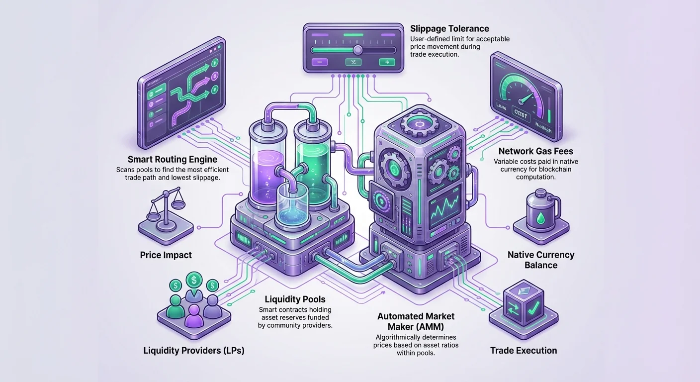 Infographic detailing DEX mechanics with flow from smart routing engine to AMM and liquidity pools, highlighting slippage tolerance, network gas fees, liquidity providers, price impact, and trade execution.