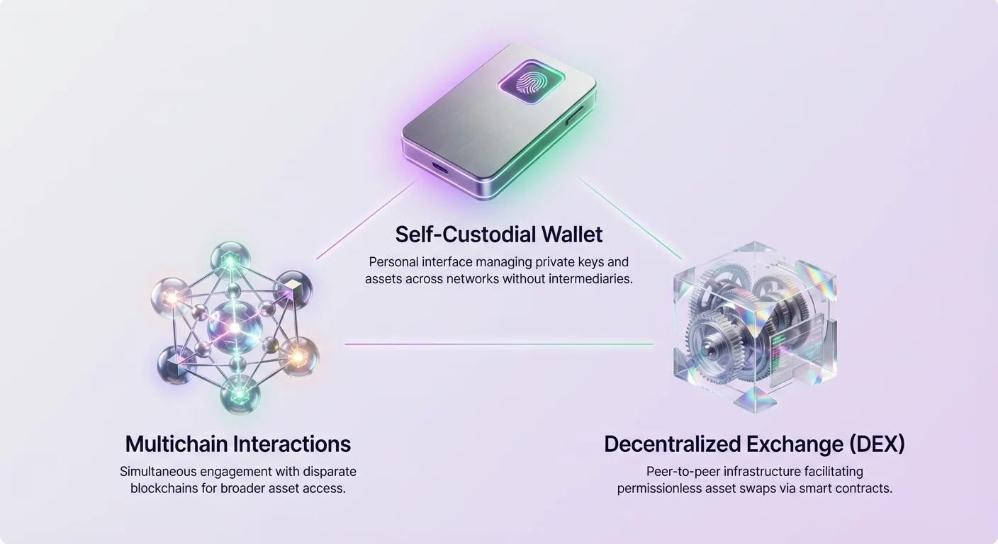 Minimal infographic overview of multichain DeFi pillars: self-custodial wallet managing private keys across networks, multichain interactions for blockchain engagement, and DEX for permissionless asset swaps, with connected photorealistic icons.