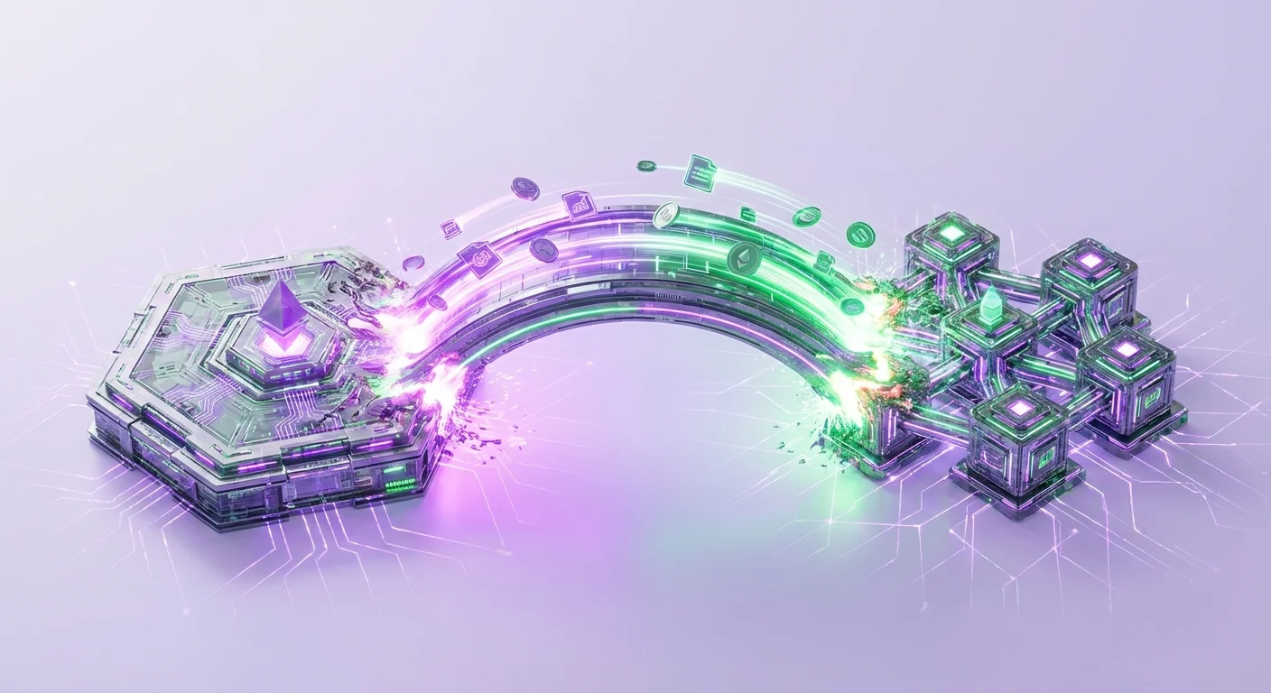 Dynamic action shot of blockchain networks linking together and unifying into one seamless ecosystem, highlighting cross-chain connectivity.