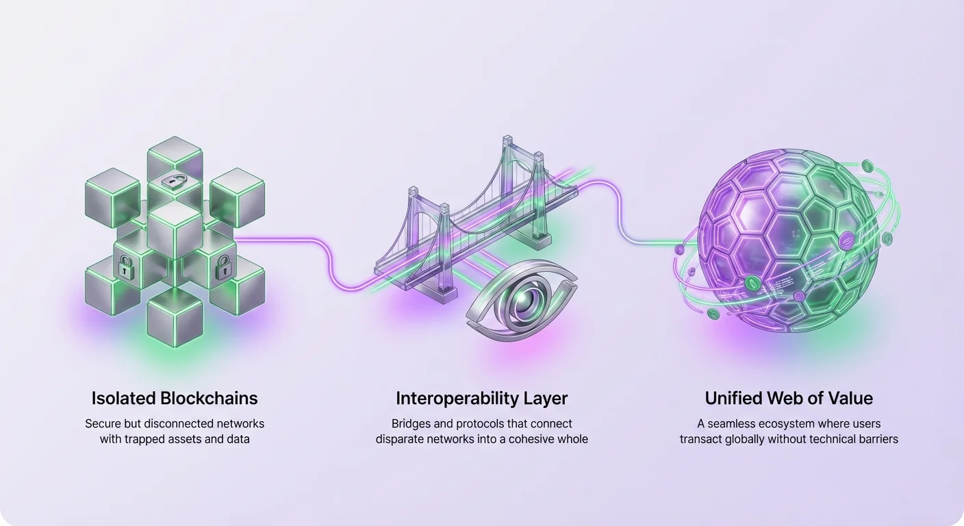High-level infographic summarizing blockchain evolution from isolated chains to a unified interoperable ecosystem.