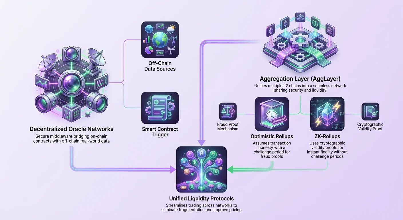 Infographic comparing blockchain scaling solutions and illustrating how oracles and aggregation layers enable unified liquidity across interconnected chains.