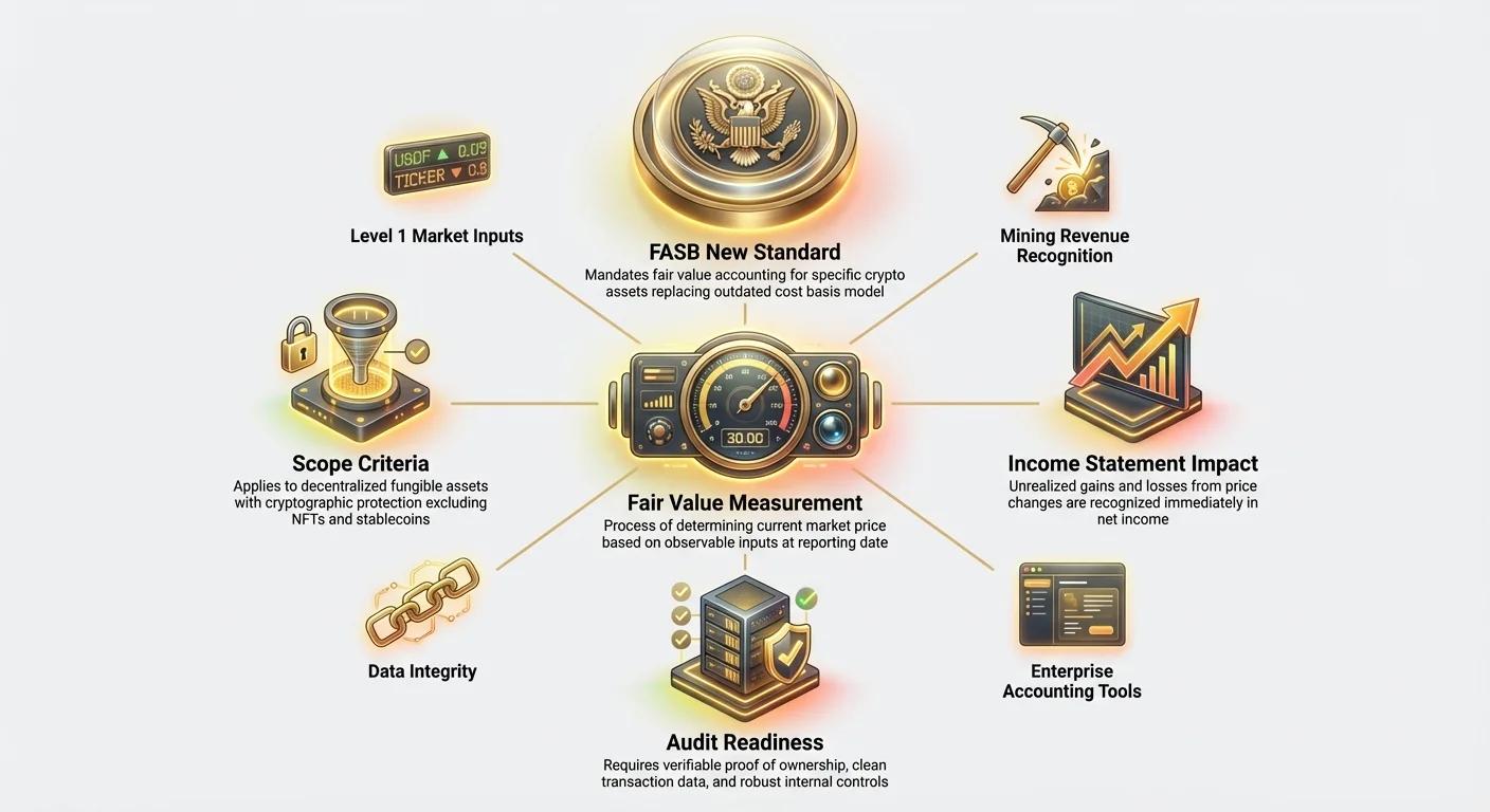Hub-and-spoke infographic detailing FASB's new fair value standard for crypto assets, covering measurement process, scope criteria, income impacts, audit readiness, and key details like market inputs.