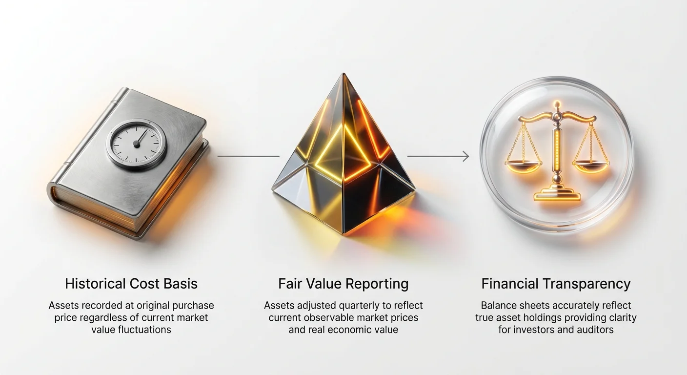 Infographic illustrating crypto accounting transition from historical cost basis ignoring market fluctuations to fair value reporting reflecting current prices, achieving financial transparency.