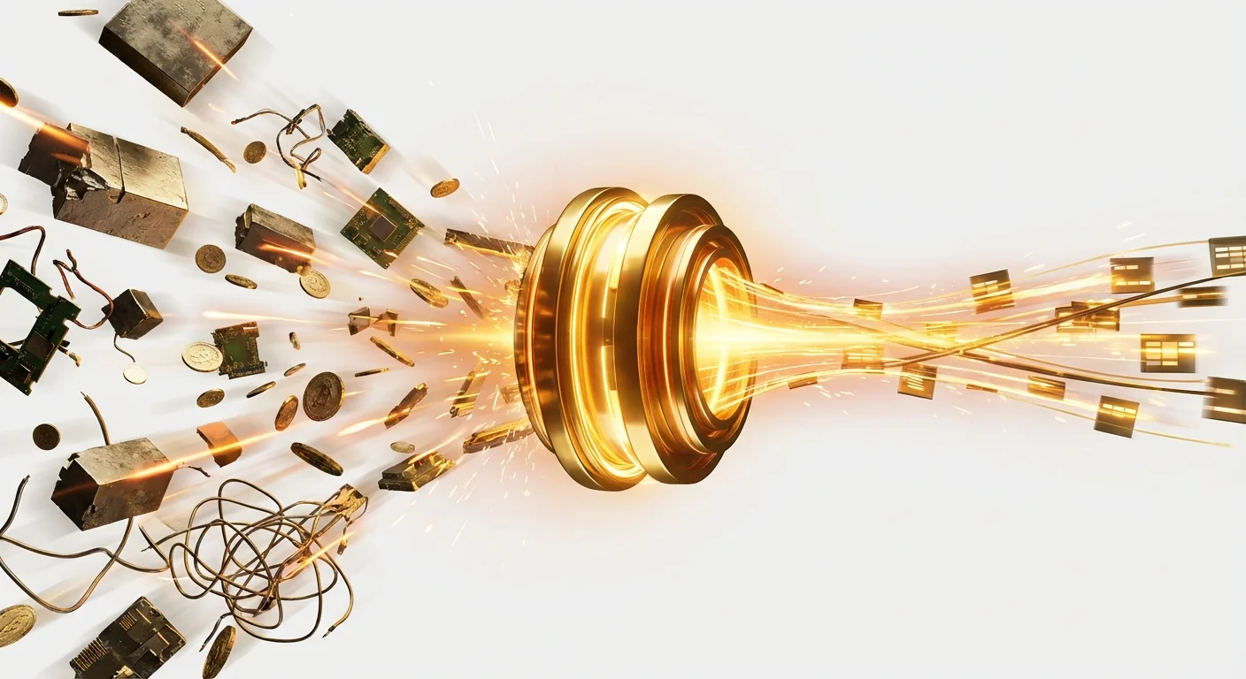 Dynamic thumbnail of AI magnetically drawing chaotic crypto elements—blocks, tokens, circuits—mid-convergence into a unified glowing data stream with motion trails.
