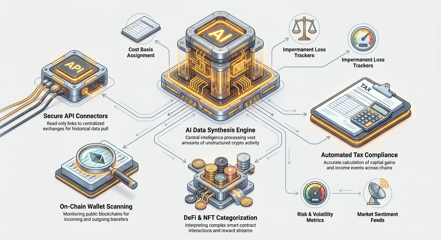 Hub-and-spoke infographic with central AI Data Synthesis Engine linking inputs like API connectors, wallet scanning, DeFi categorization to outputs including tax compliance and risk metrics.