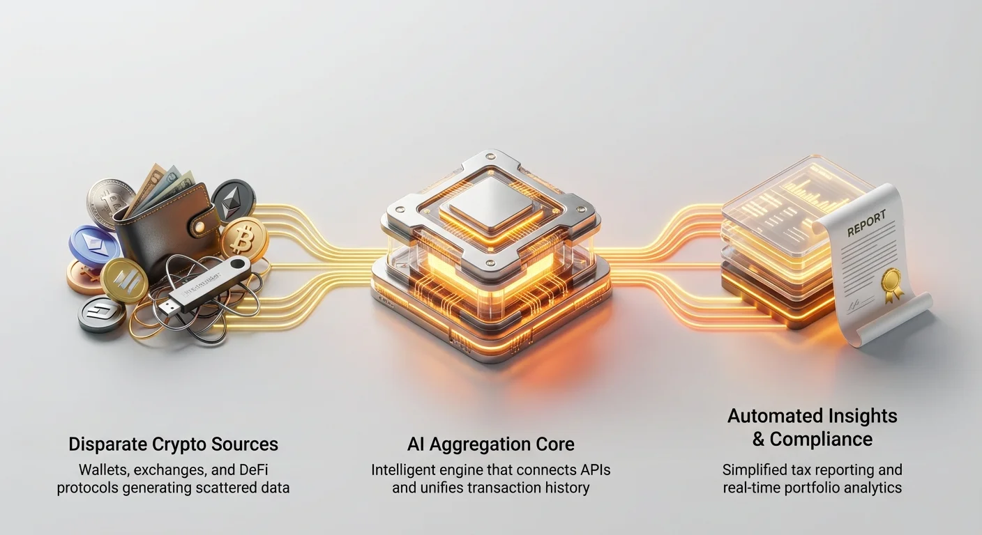 Infographic overview showing disparate crypto sources like wallets, exchanges, and DeFi flowing into an AI aggregation core, delivering automated tax compliance and portfolio insights.